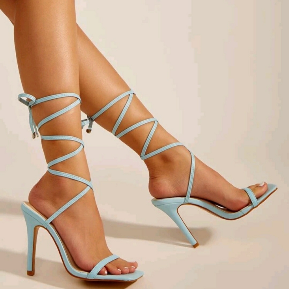 Light blue tie up wrap heels